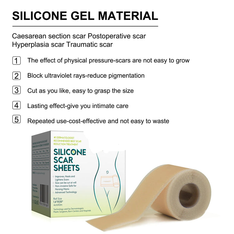 Silicone scar sheets with packaging and text on a white background